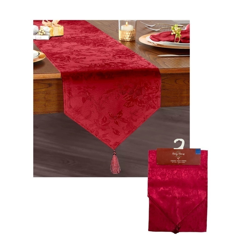 Christmas Silky Damask Table Runner Holly Homes Holiday Tassels Red 13 x 72 in